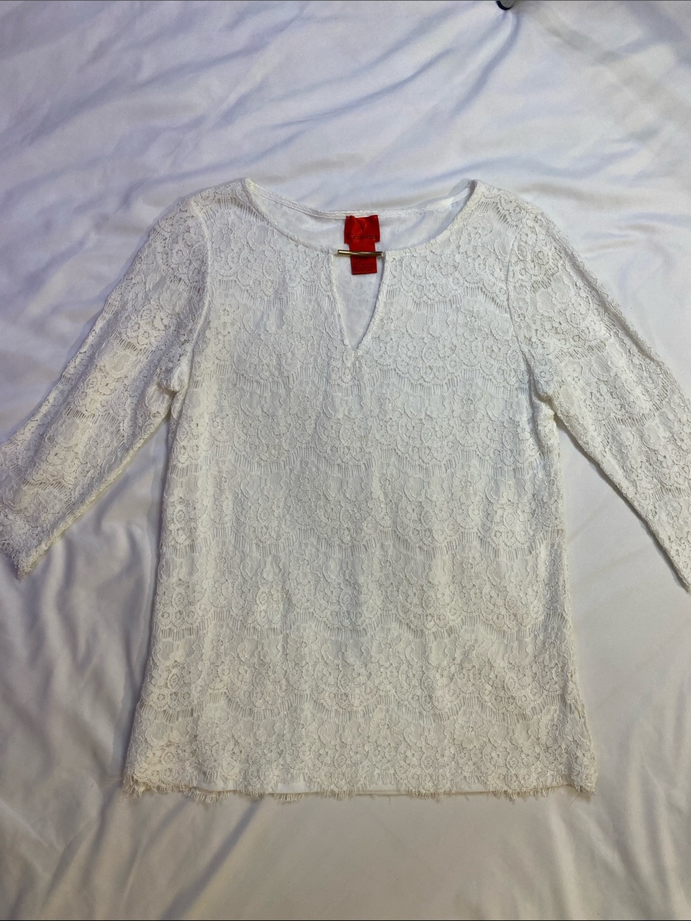 Women's White Lace Keyhole Tunic with Three-Quarter Sleeves